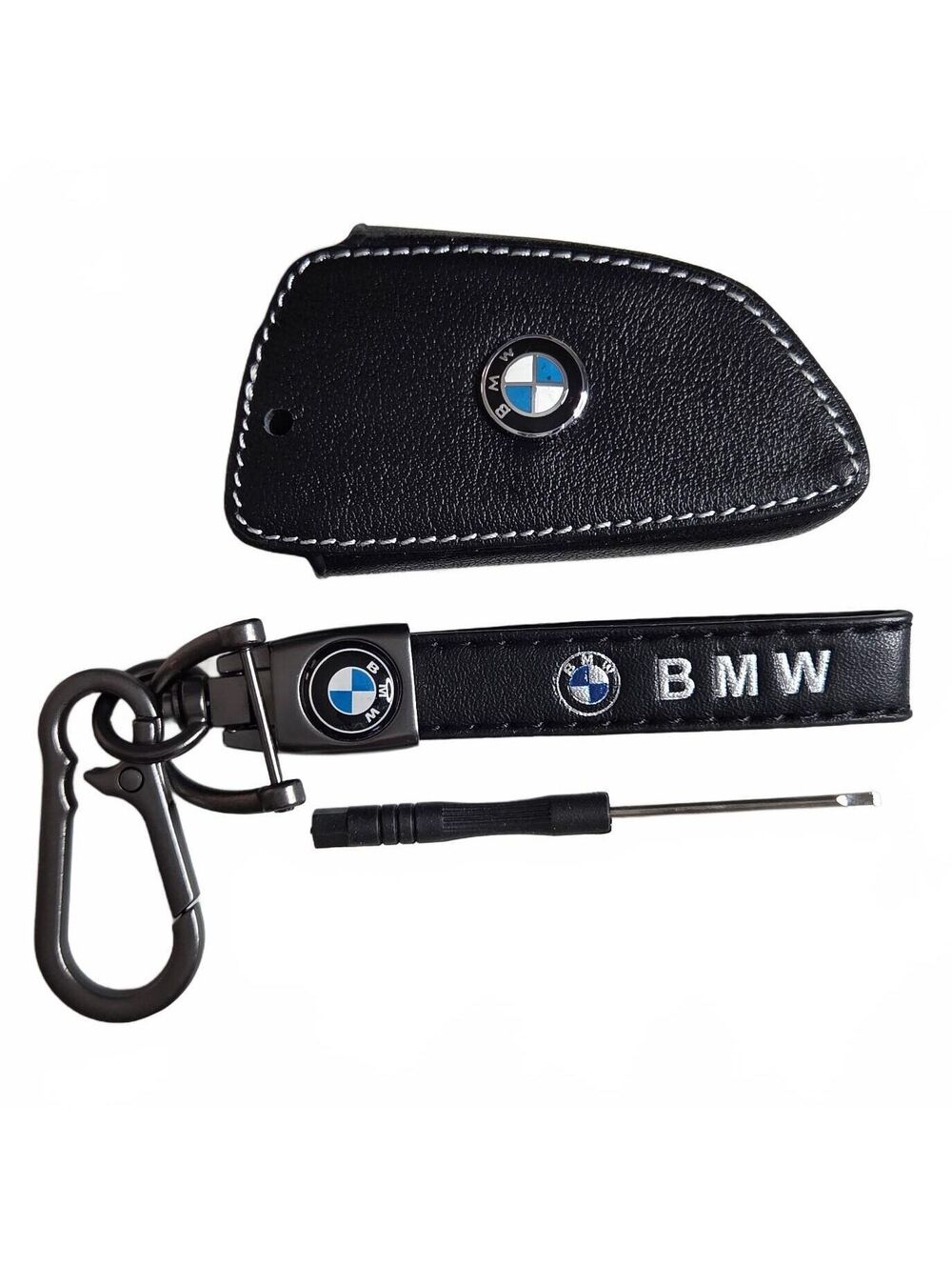BMW Keychain Key Fob Cover Case Remote Holder Carabiner Strap Ring Black